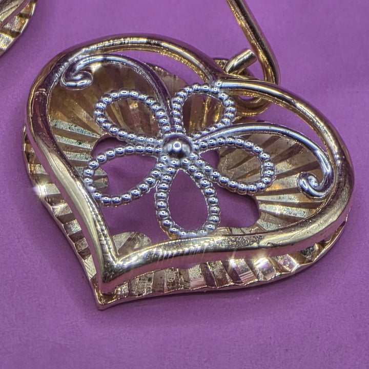 Gold Heart and Filigree Flower Dangle Earrings