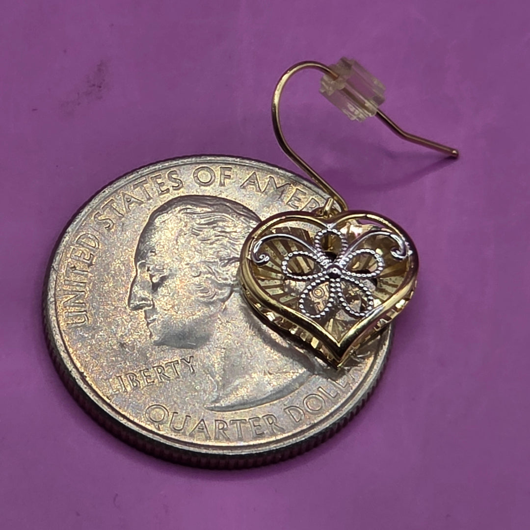 Gold Heart and Filigree Flower Dangle Earrings