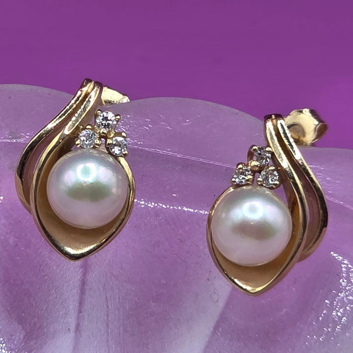 14K Gold, Pearl & Diamond Teardrop Stud Earrings