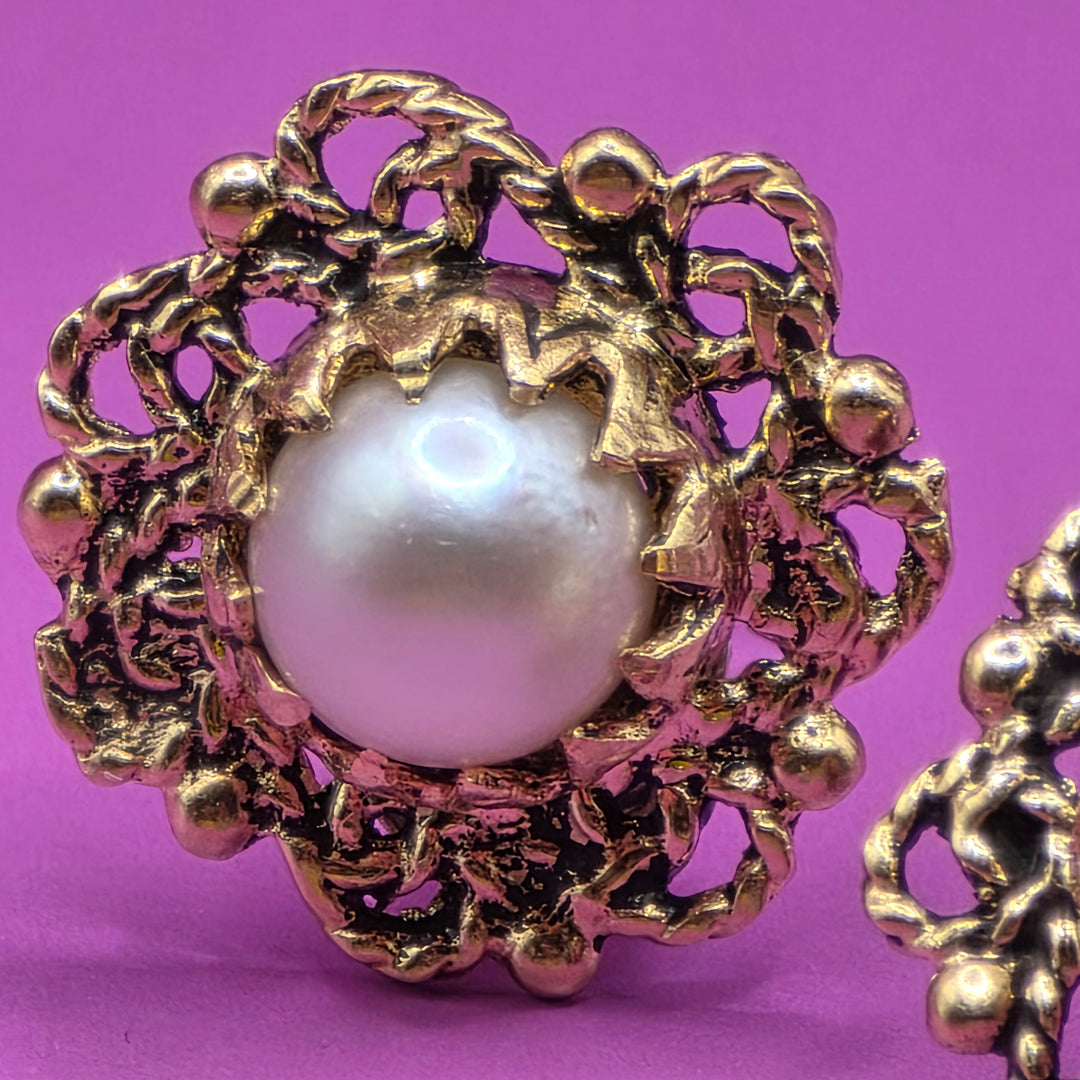 14K Gold & Pearl Filigree Surround Stud Earrings