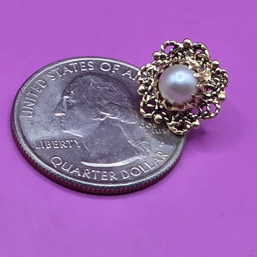 14K Gold & Pearl Filigree Surround Stud Earrings