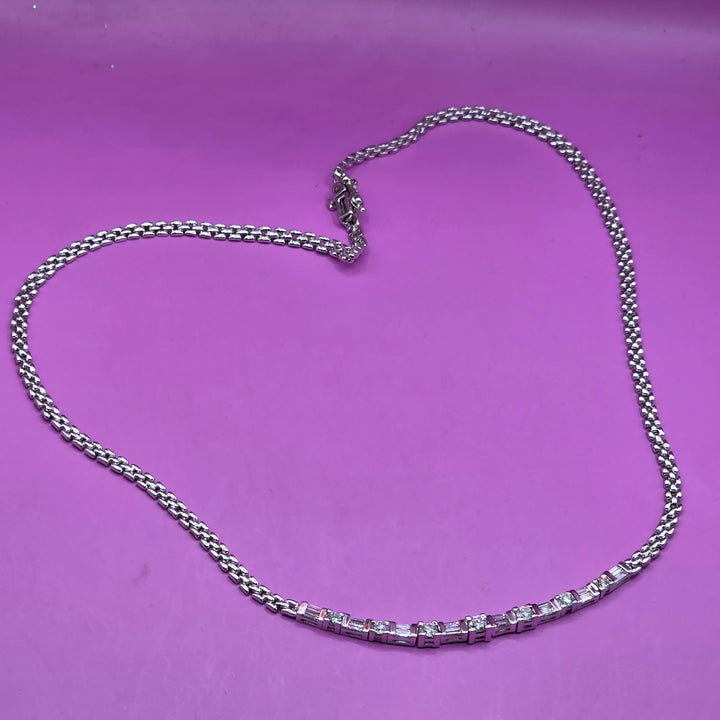 White Gold Mesh Link & Diamond Bar Necklace
