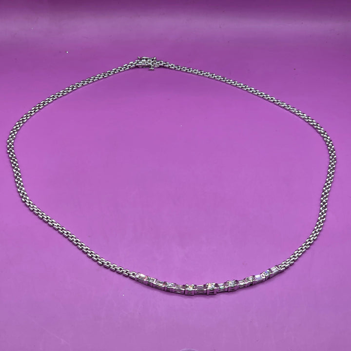 White Gold Mesh Link & Diamond Bar Necklace