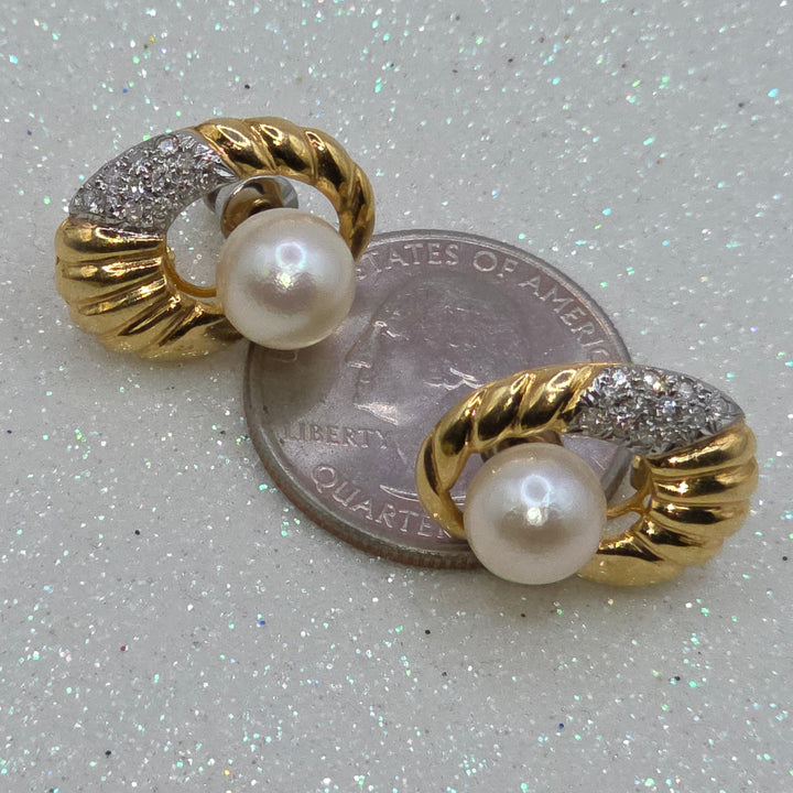 14K Gold, Pearl & Diamond Cornucopia Stud Earrings