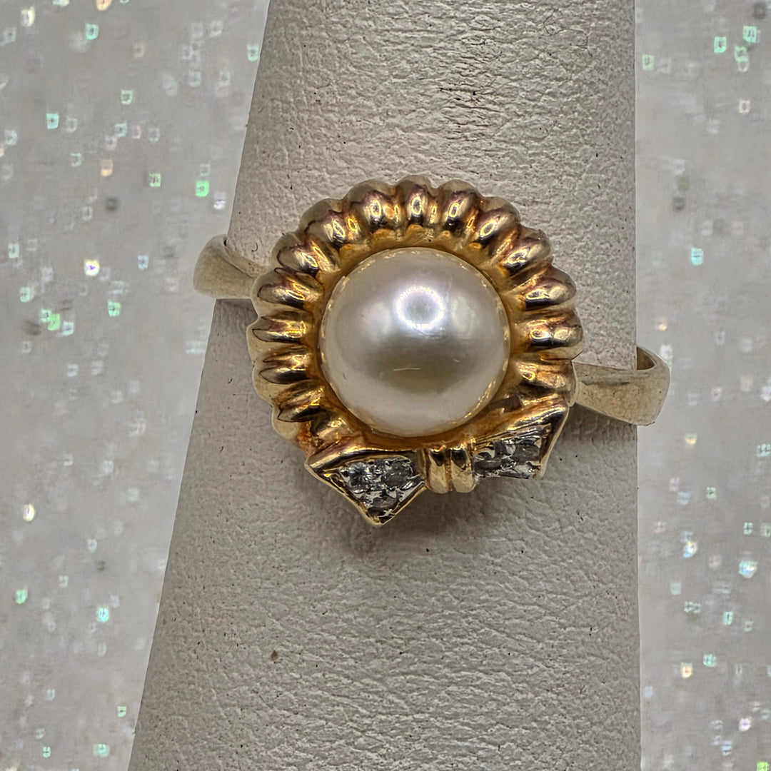 Gold, Pearl and Diamond Bow Accented Ring