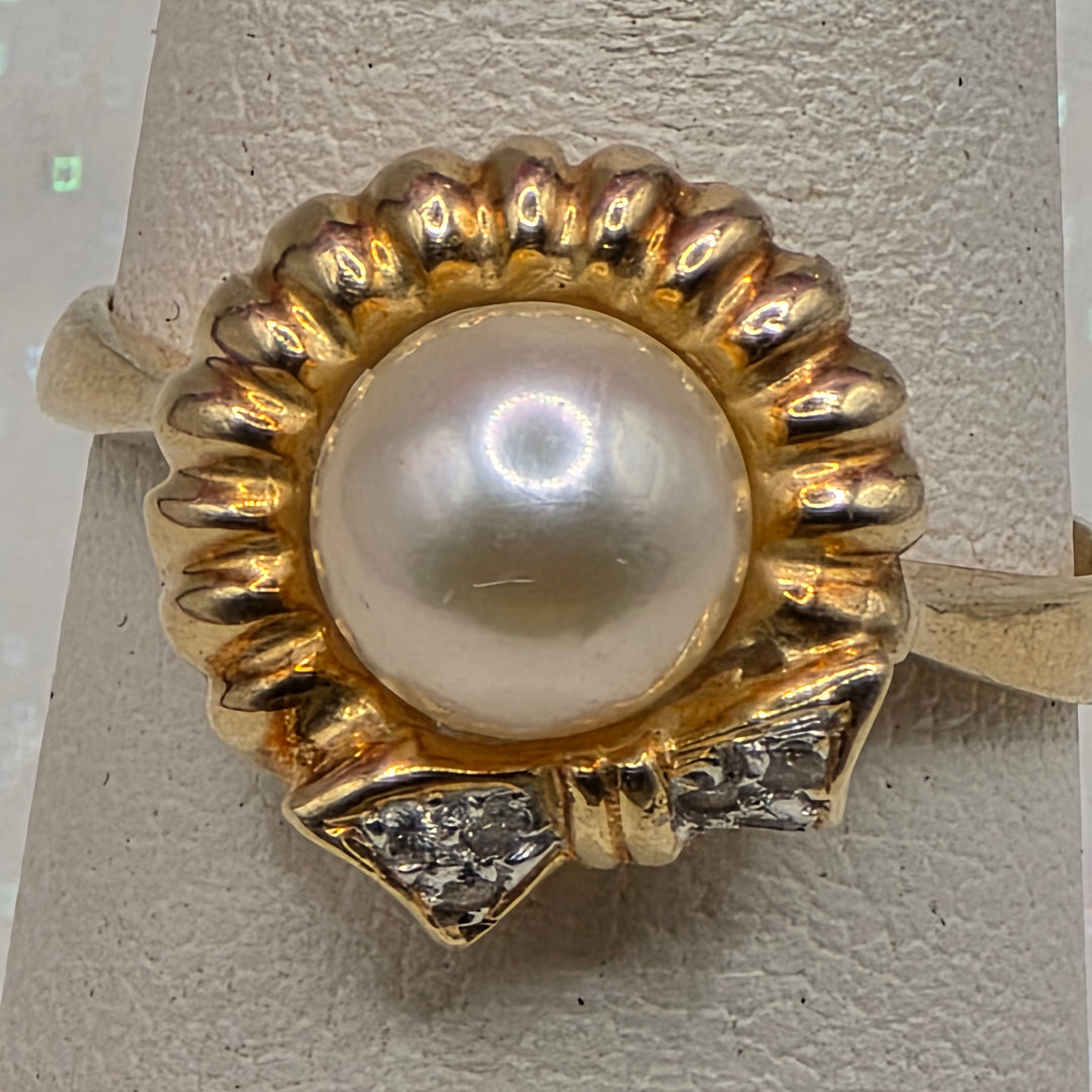 Gold, Pearl and Diamond Bow Accented Ring