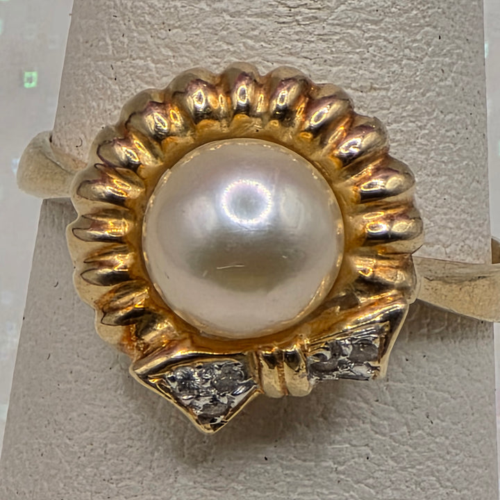 Gold, Pearl and Diamond Bow Accented Ring