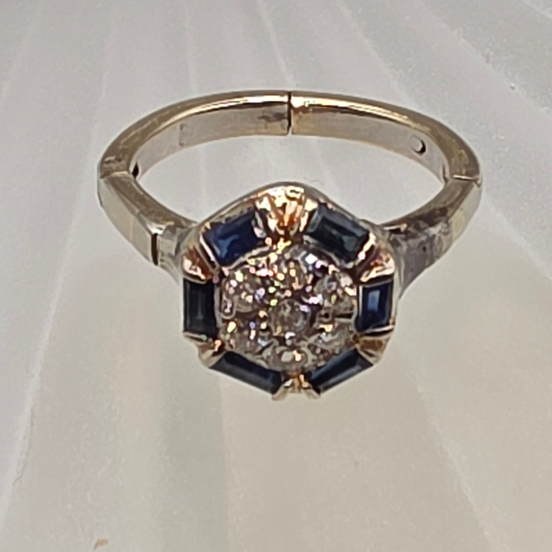 Gold, Diamond & Deep Blue Sapphire Hinged Shank Ring