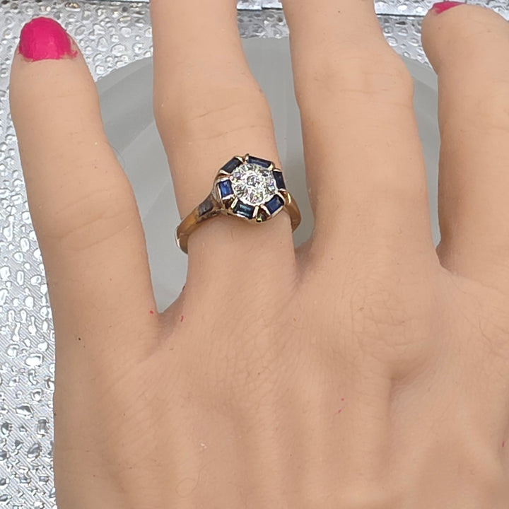 Gold, Diamond & Deep Blue Sapphire Hinged Shank Ring