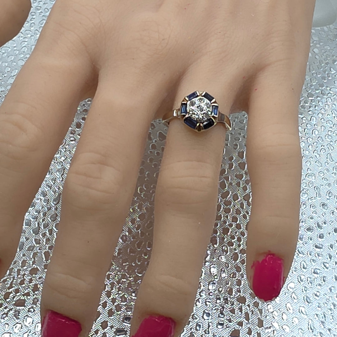 Gold, Diamond & Deep Blue Sapphire Hinged Shank Ring