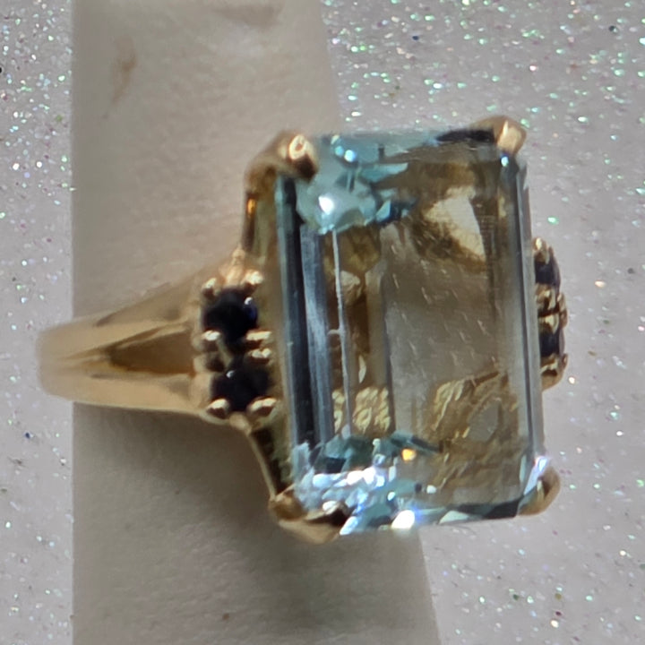 Gold, Emerald Cut Aquamarine & Sapphire Ring