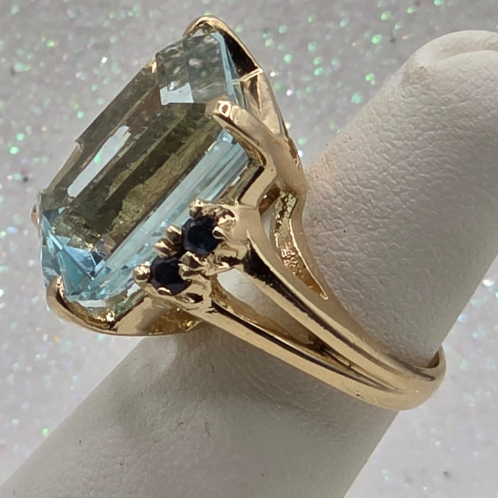 Gold, Emerald Cut Aquamarine & Sapphire Ring