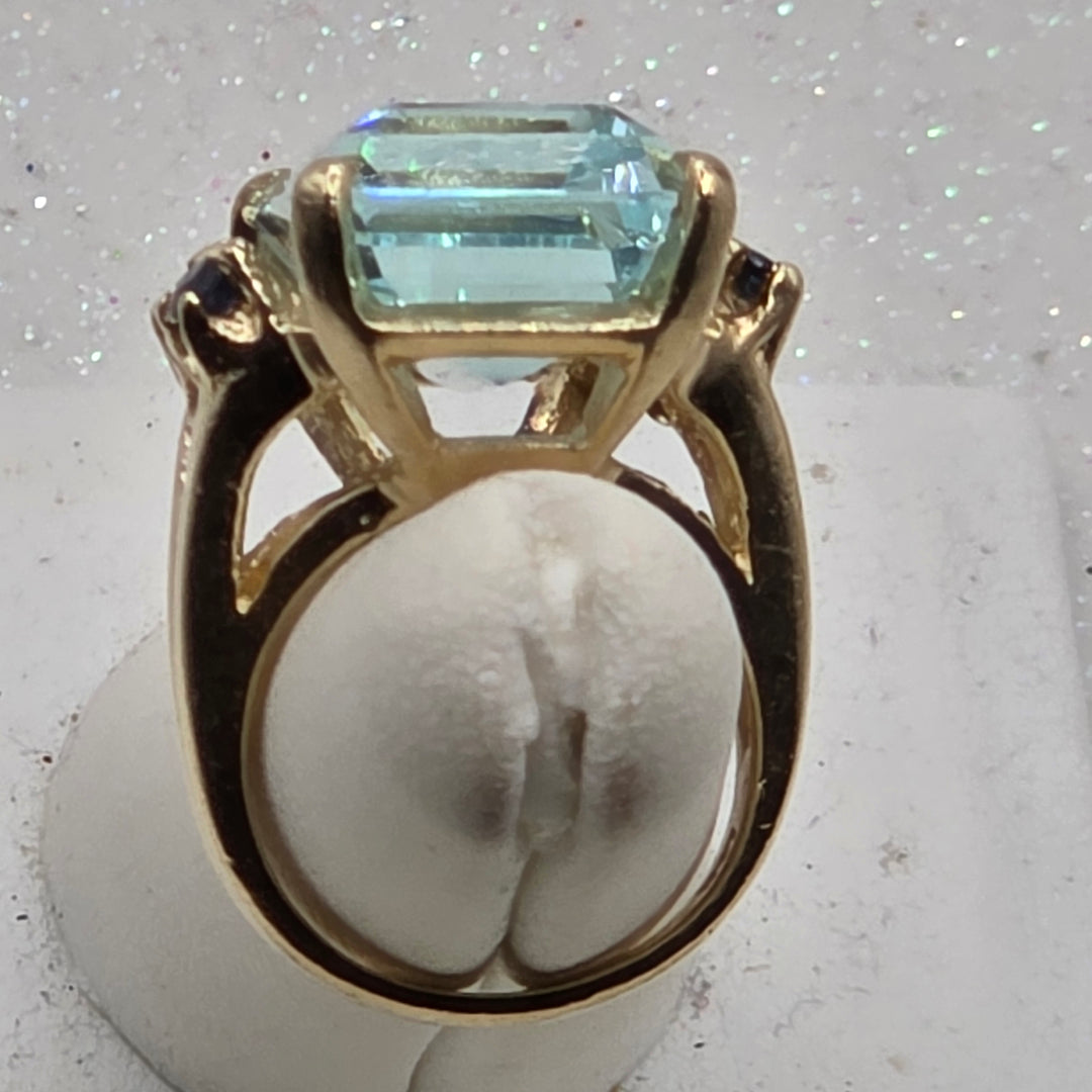 Gold, Emerald Cut Aquamarine & Sapphire Ring