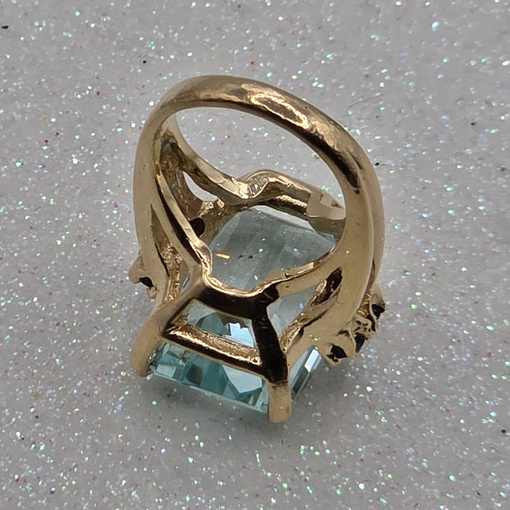 Gold, Emerald Cut Aquamarine & Sapphire Ring