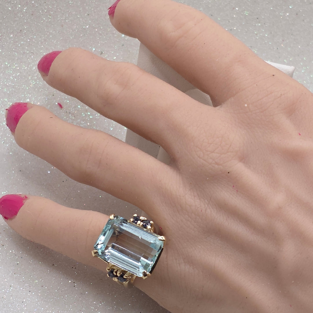 Gold, Emerald Cut Aquamarine & Sapphire Ring