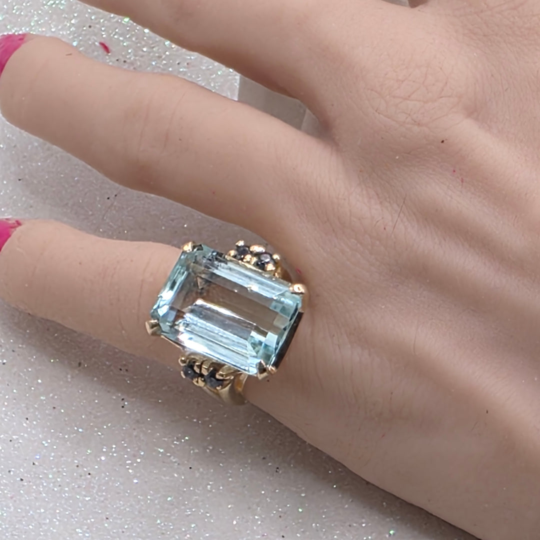 Gold, Emerald Cut Aquamarine & Sapphire Ring