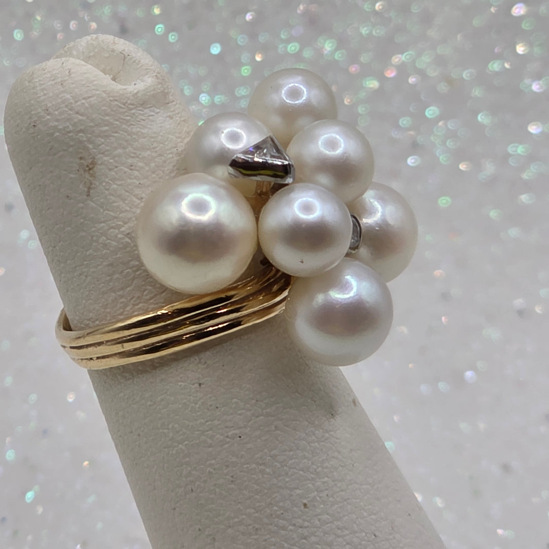 Gold, Pearl & Diamond Cluster Statement Ring