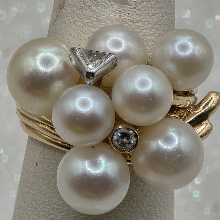 Gold, Pearl & Diamond Cluster Statement Ring