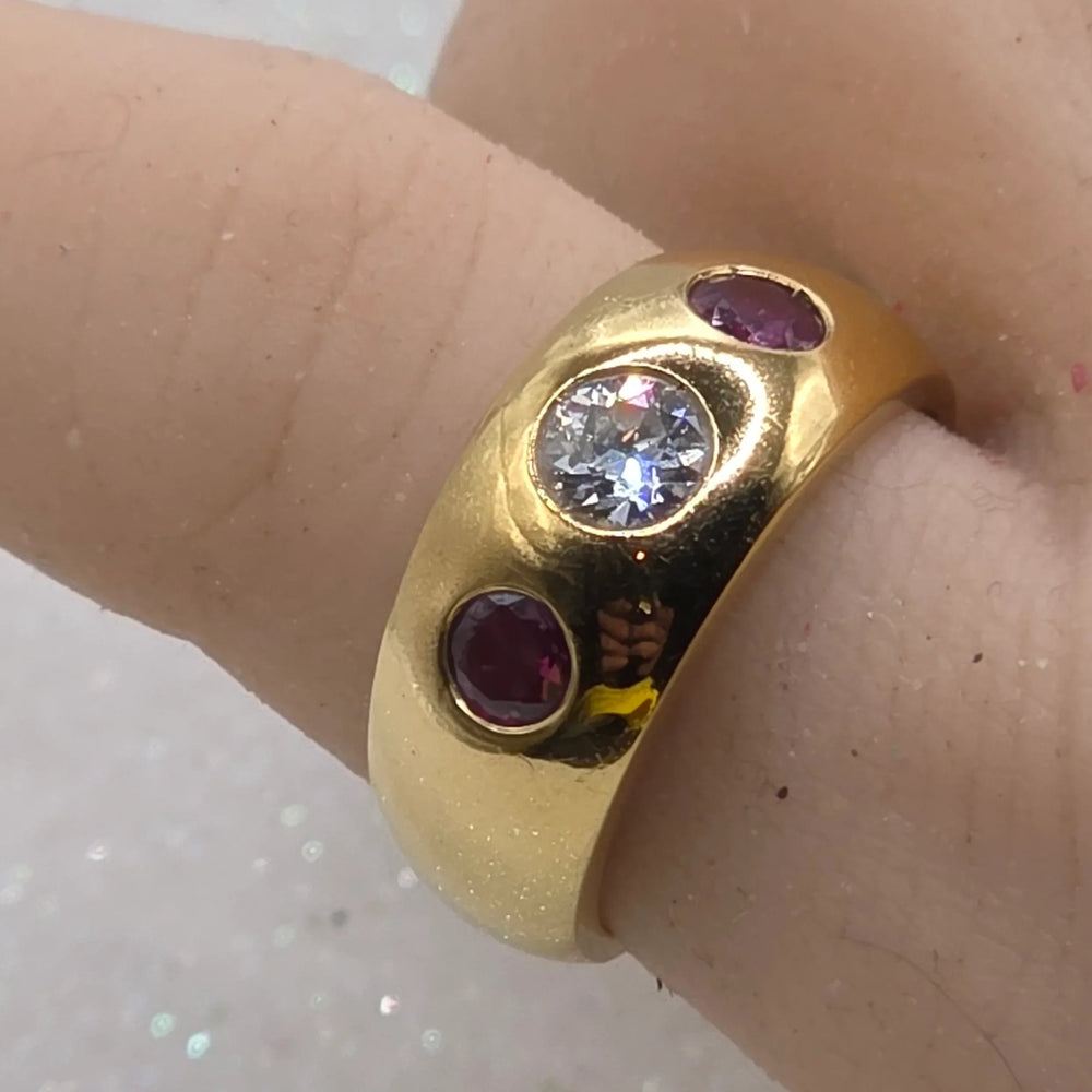 18K Gold, Ruby & Diamond Trilogy Domed Ring - Estate Jewelry Priced Right