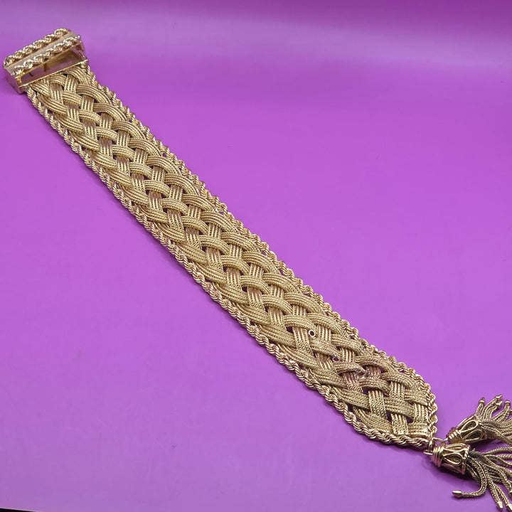Gold Mid-Century Detailed Braid & Weave Tassel Bracelet