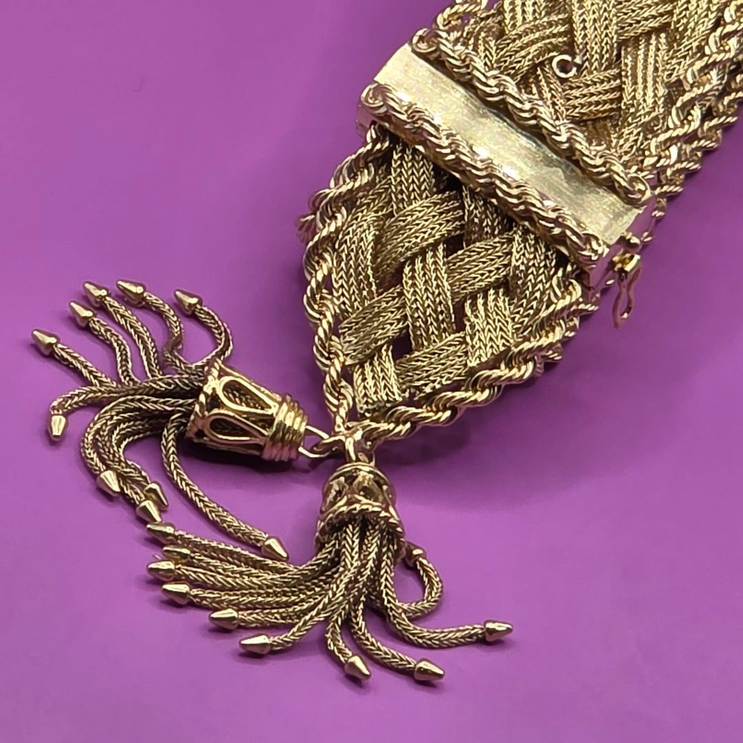 Gold Mid-Century Detailed Braid & Weave Tassel Bracelet