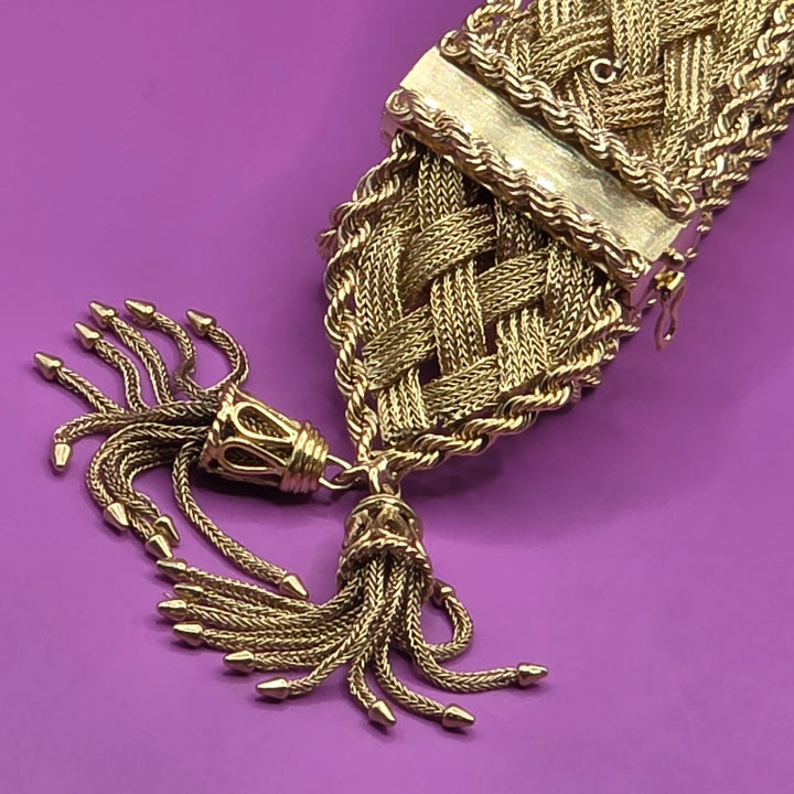 Gold Mid-Century Detailed Braid & Weave Tassel Bracelet
