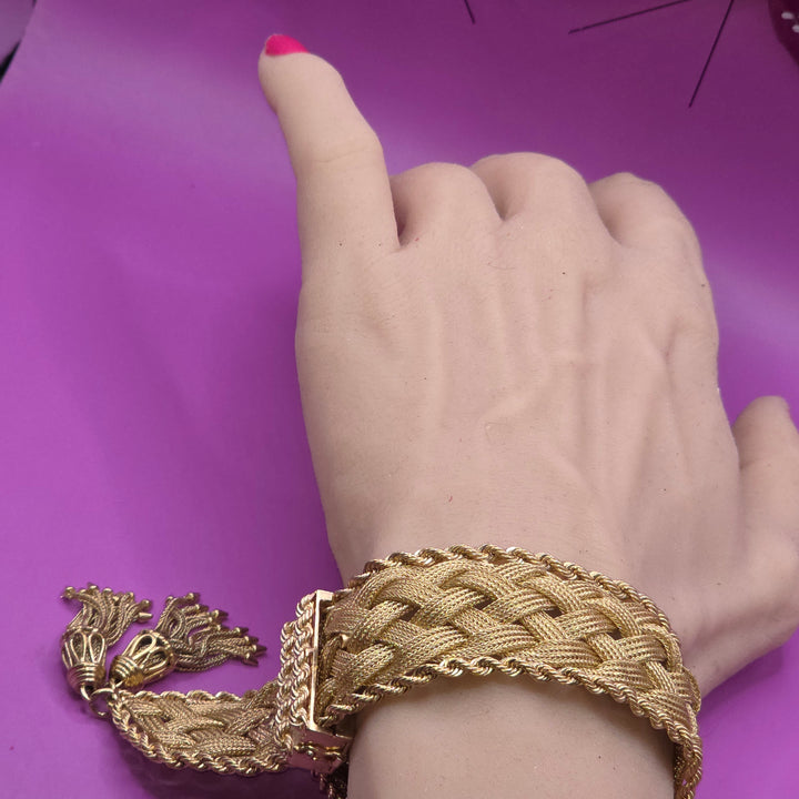 Gold Mid-Century Detailed Braid & Weave Tassel Bracelet