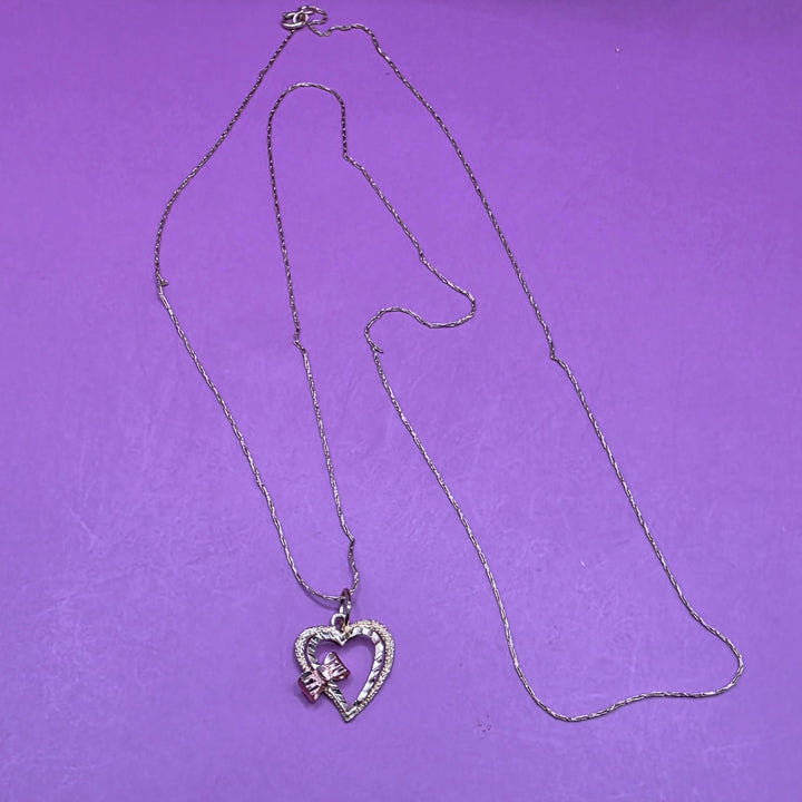 Gold Bow Adorned Heart Pendant & Necklace