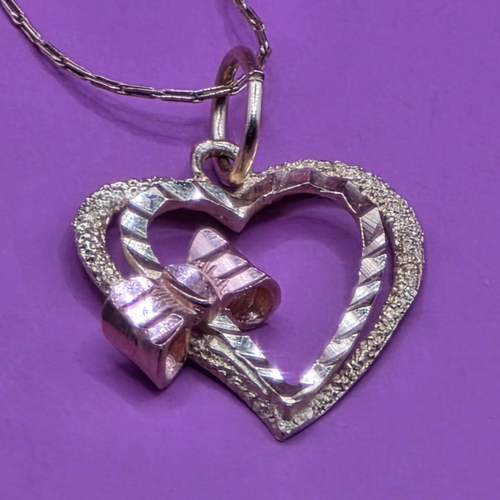 Gold Bow Adorned Heart Pendant & Necklace - Estate Jewelry Priced Right
