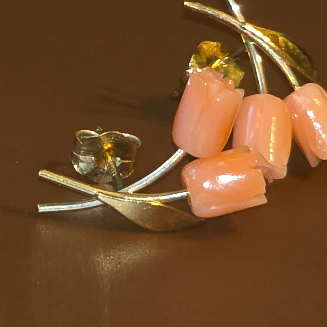 earrings with carved pink coral flowers and gold stems