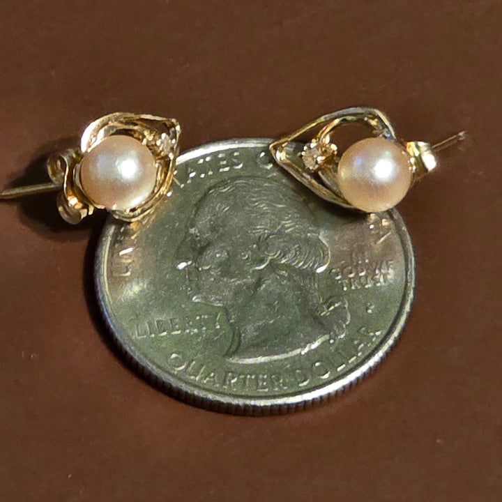 Gold, Pearl & Diamond Heart Stud Earrings