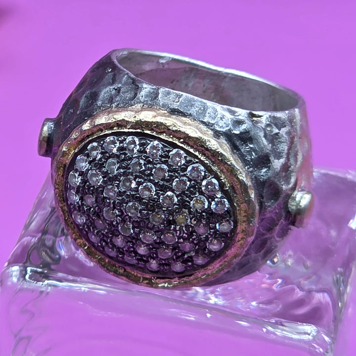 2 Tone Sterling Silver CZ Cluster Chunky Ring