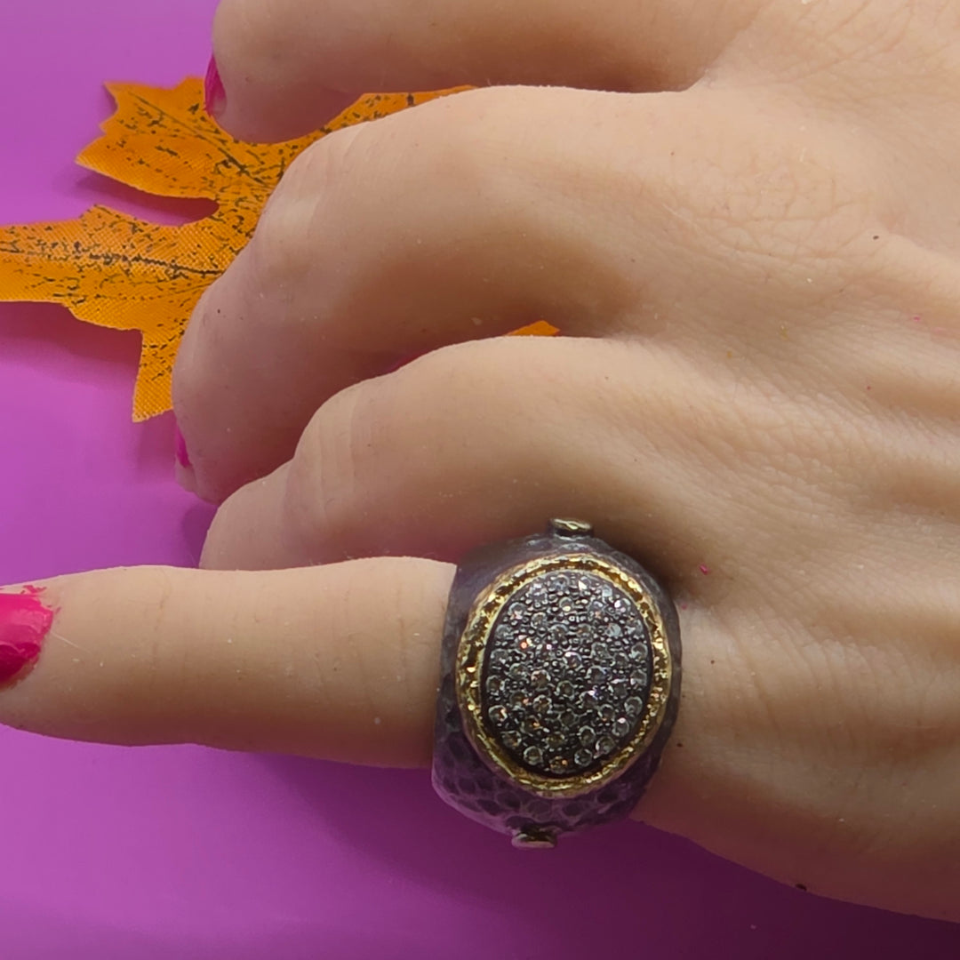 2 Tone Sterling Silver CZ Cluster Chunky Ring