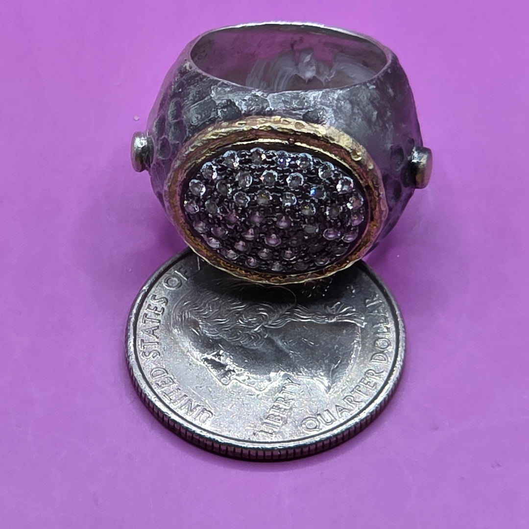 2 Tone Sterling Silver CZ Cluster Chunky Ring