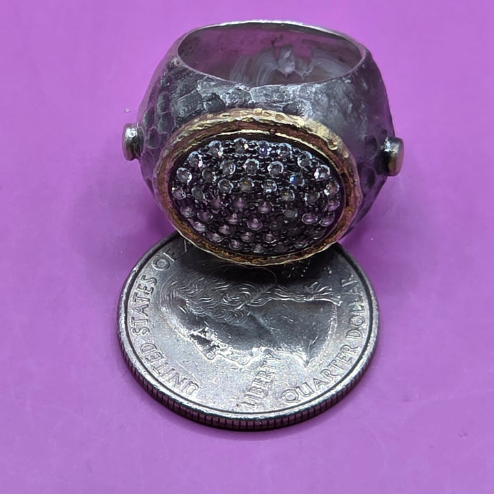 2 Tone Sterling Silver CZ Cluster Chunky Ring