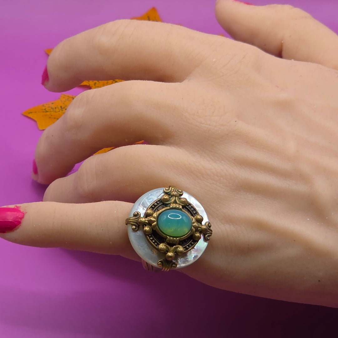 Gold Tone & Cabochon Stone Cocktail Ring