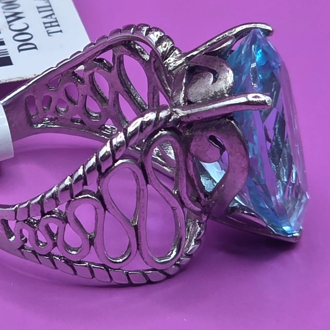 Rhodium Over Sterling Silver Blue Topaz Cocktail Ring