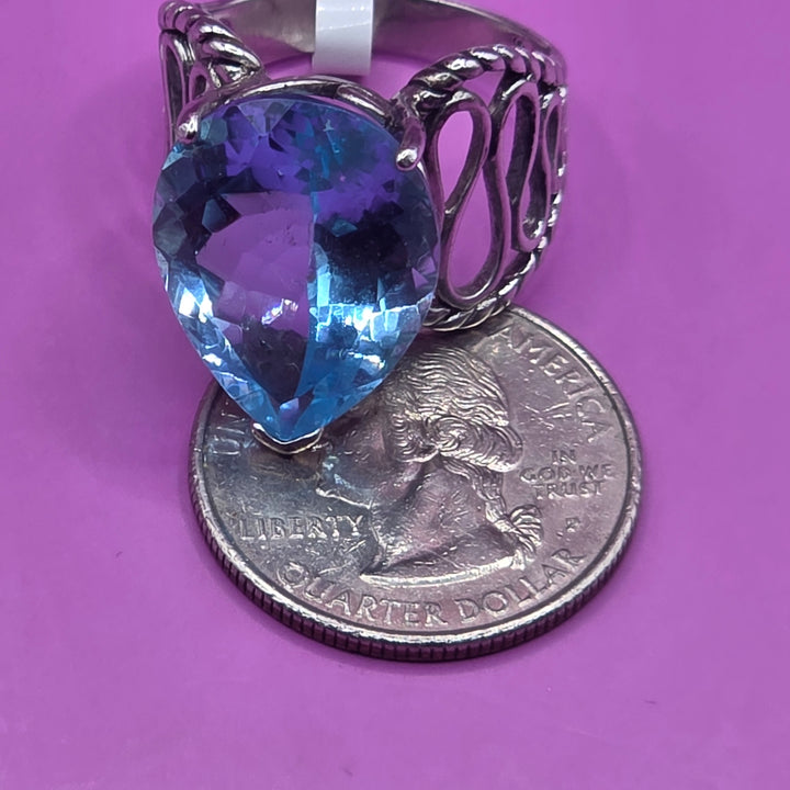 Rhodium Over Sterling Silver Blue Topaz Cocktail Ring