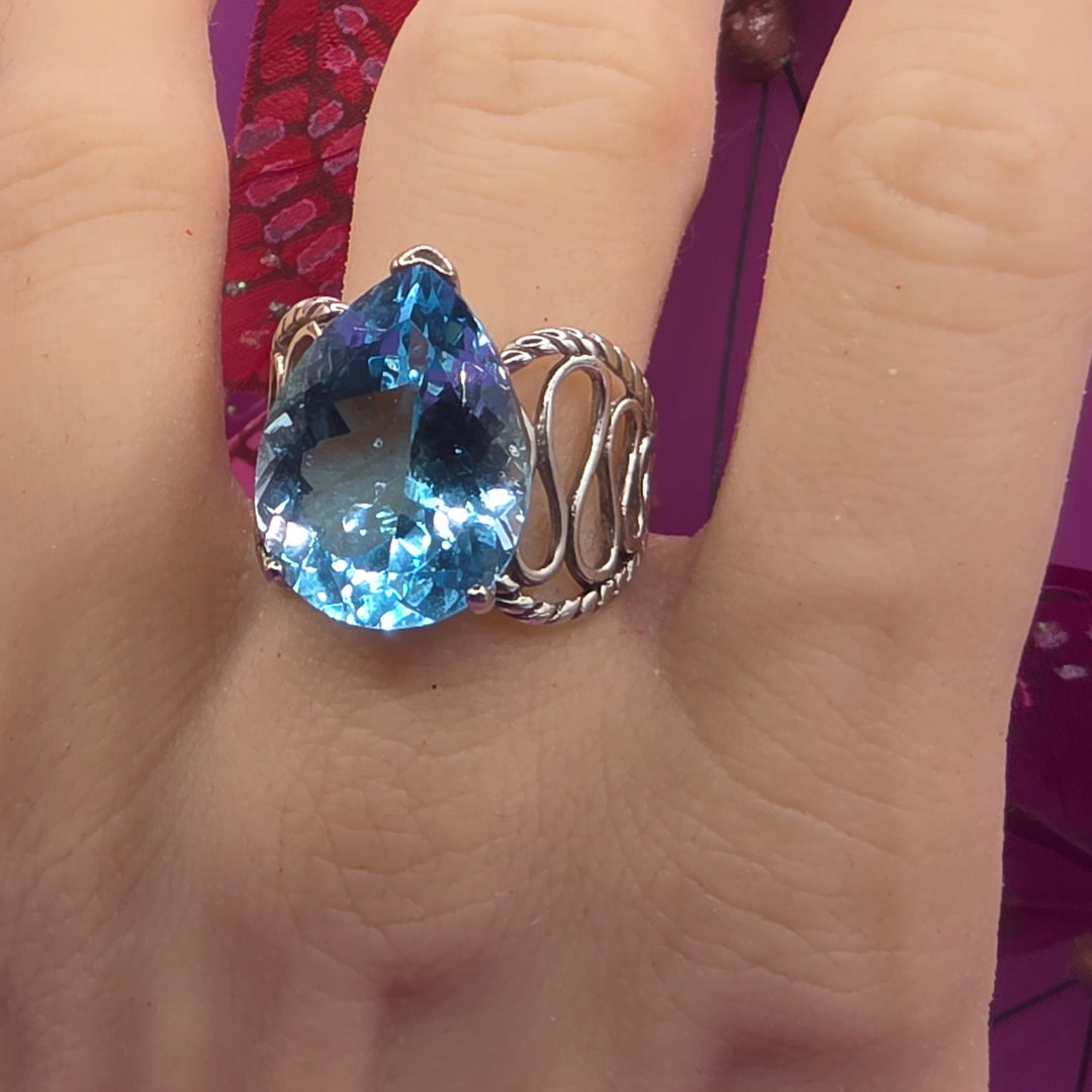 Rhodium Over Sterling Silver Blue Topaz Cocktail Ring