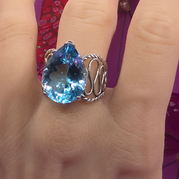 Rhodium Over Sterling Silver Blue Topaz Cocktail Ring