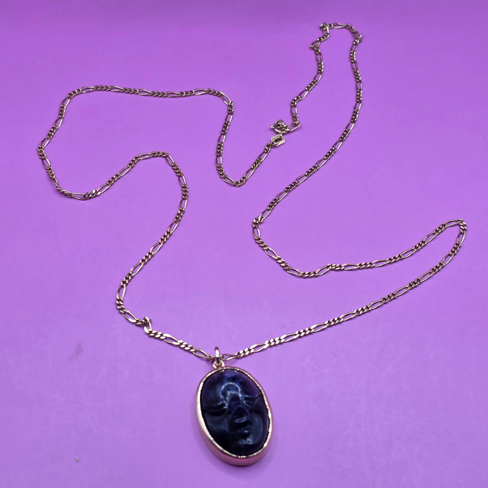 Gold & Carved Black Tourmaline Happy Face Necklace - Estate Jewelry Priced Right