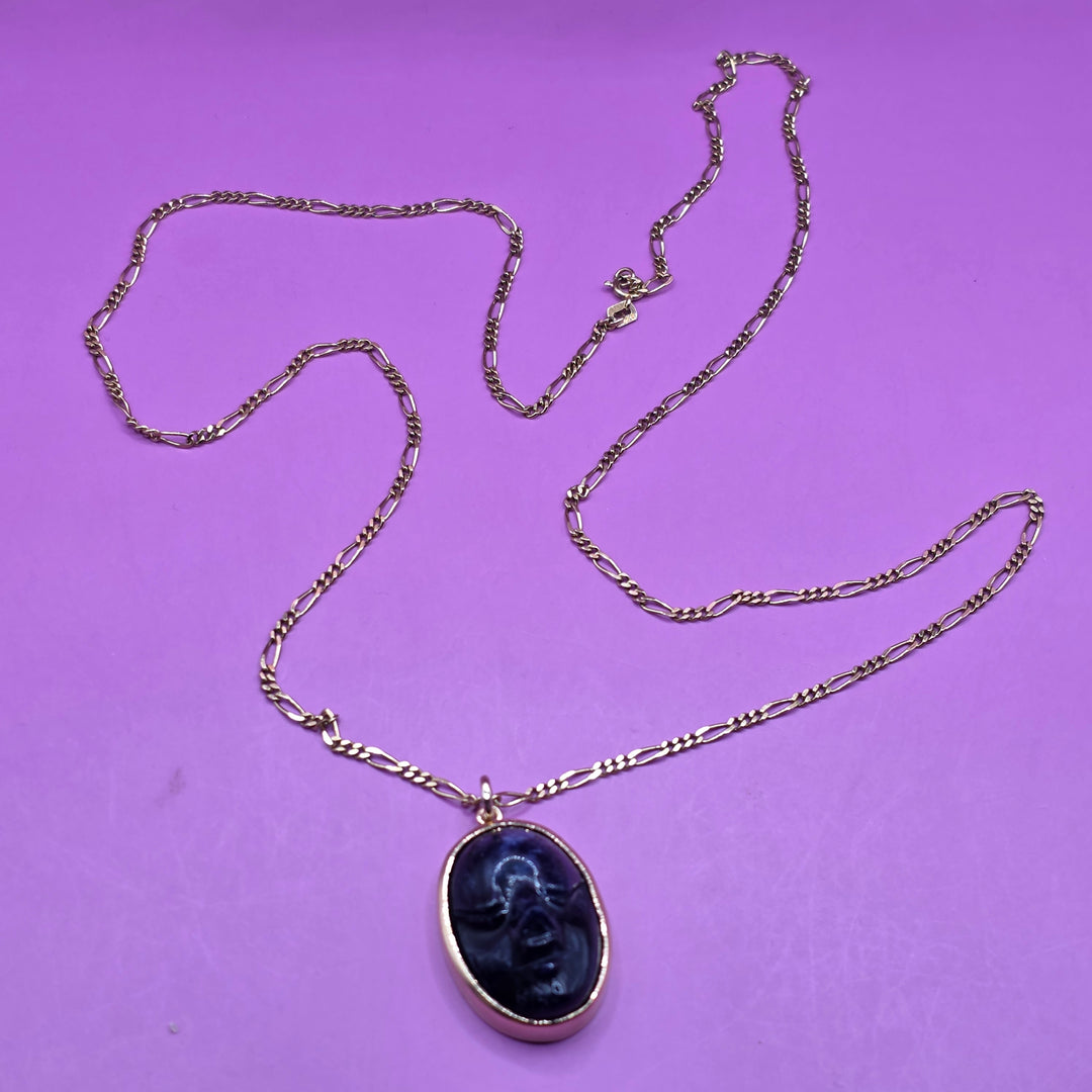 Gold & Carved Black Tourmaline Happy Face Necklace