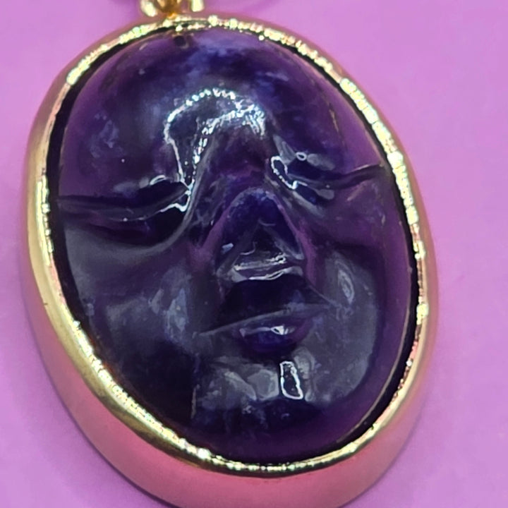 Gold & Carved Black Tourmaline Happy Face Necklace