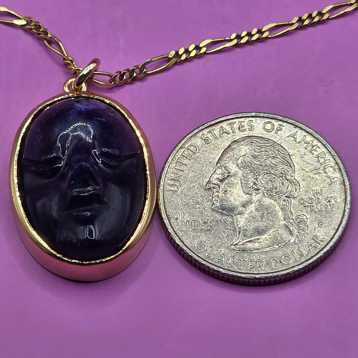 Gold & Carved Black Tourmaline Happy Face Necklace