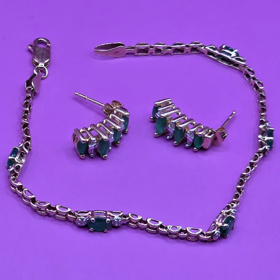 gold, emerald and diamond bracelet and earrings set