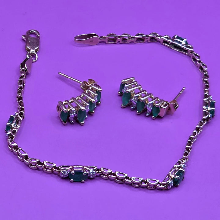 gold, emerald and diamond bracelet and earrings set