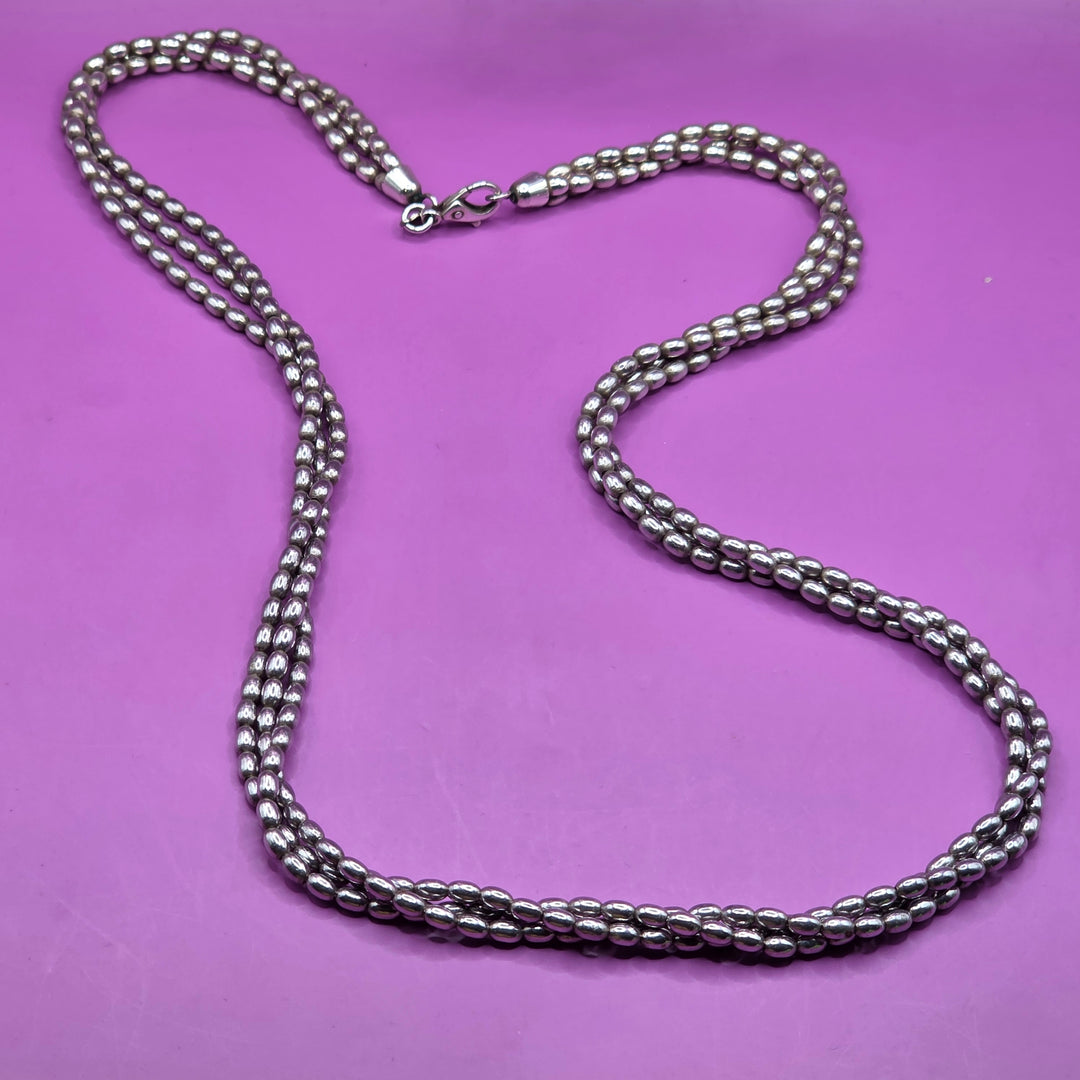 Triple Strand Rice Bead Sterling Silver Necklace