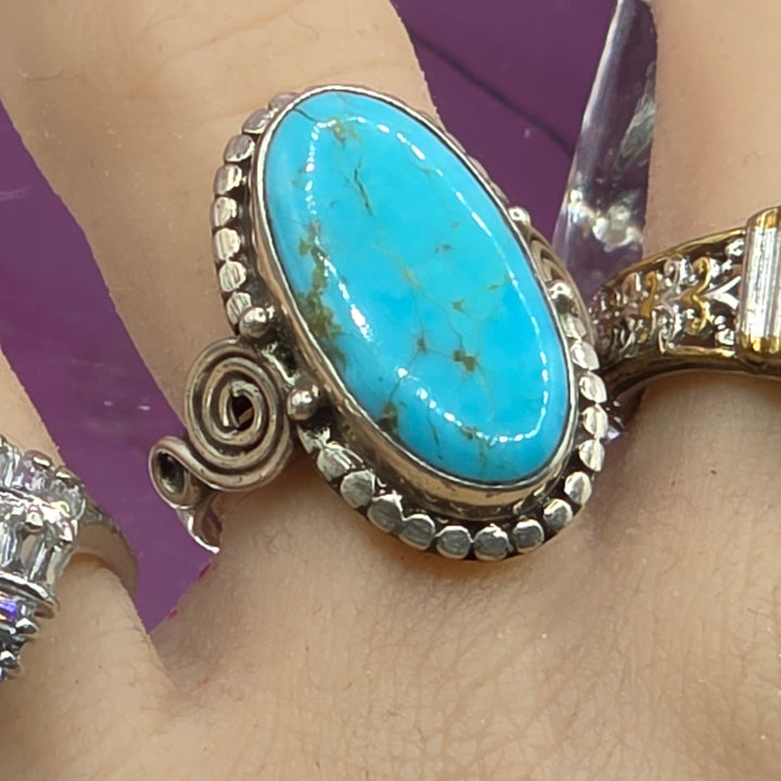 Sterling Silver Long Oval Turquoise North-South Ring