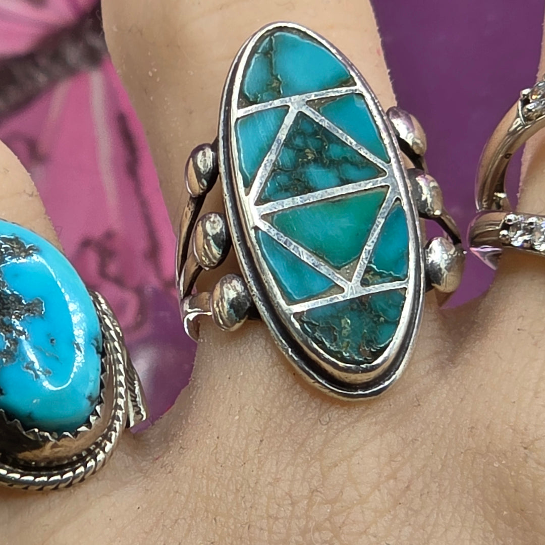 Sterling Silver Long Slash Oval Turquoise North-South Ring