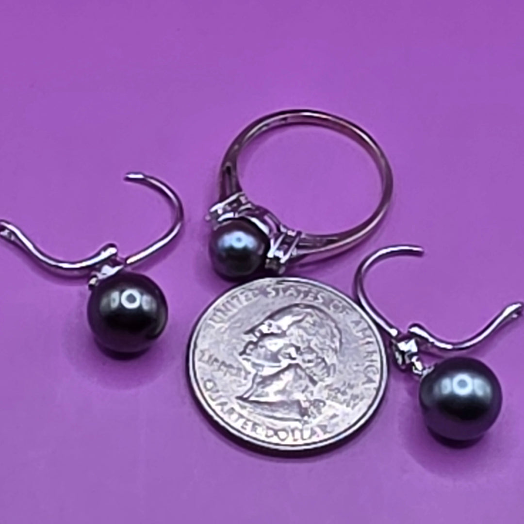 Gold, Grey Pearl & Diamond Earrings & Ring Set